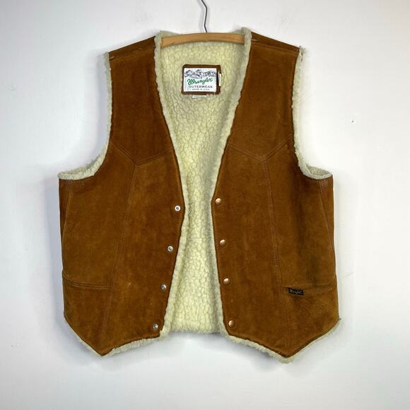 Vintage Wrangler Brown Suede Leather Shearling Rancher Western Vest Mens L - Picture 1 of 13